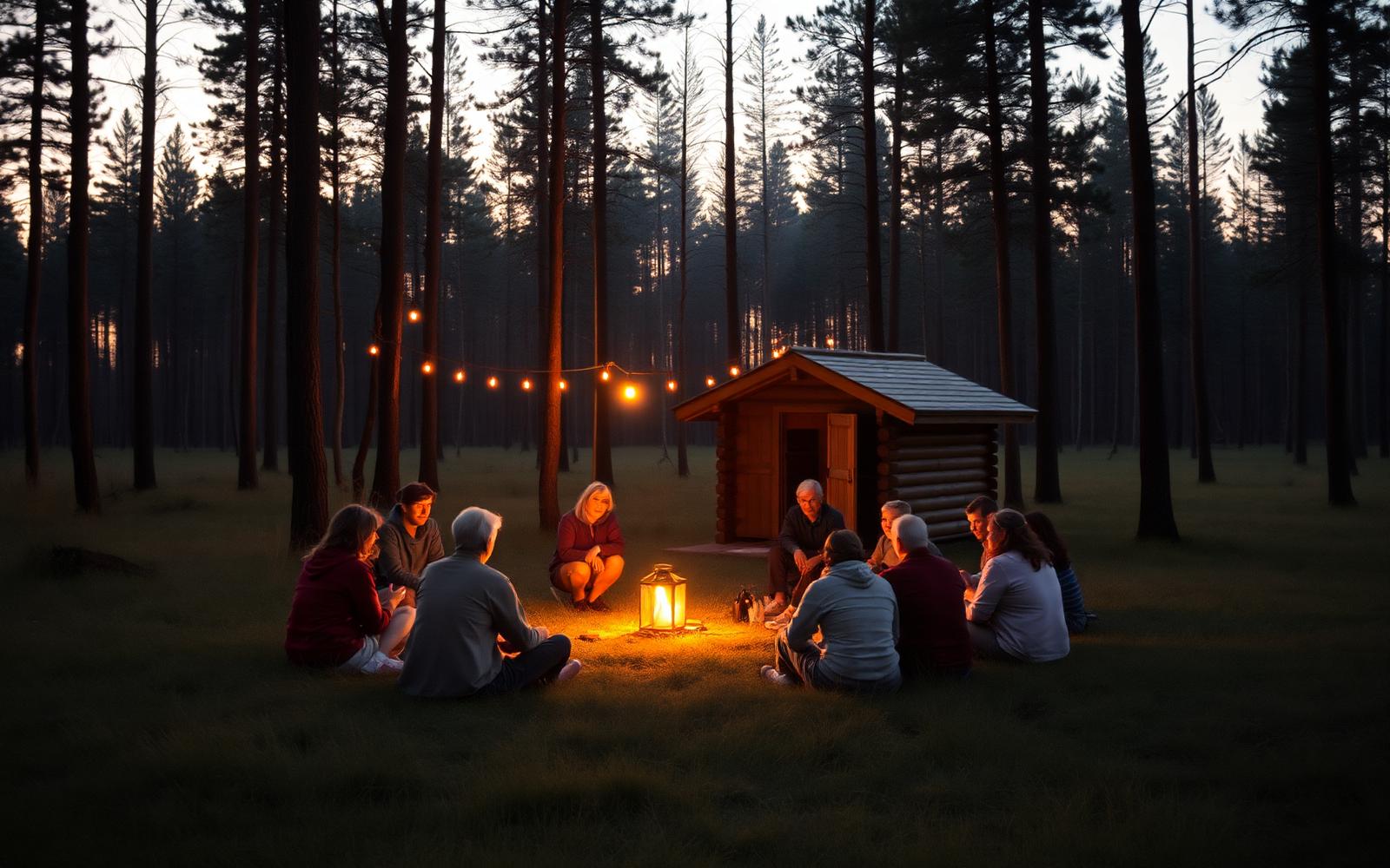 People sitting in a circle in a woodland clearing at dusk with lantern light