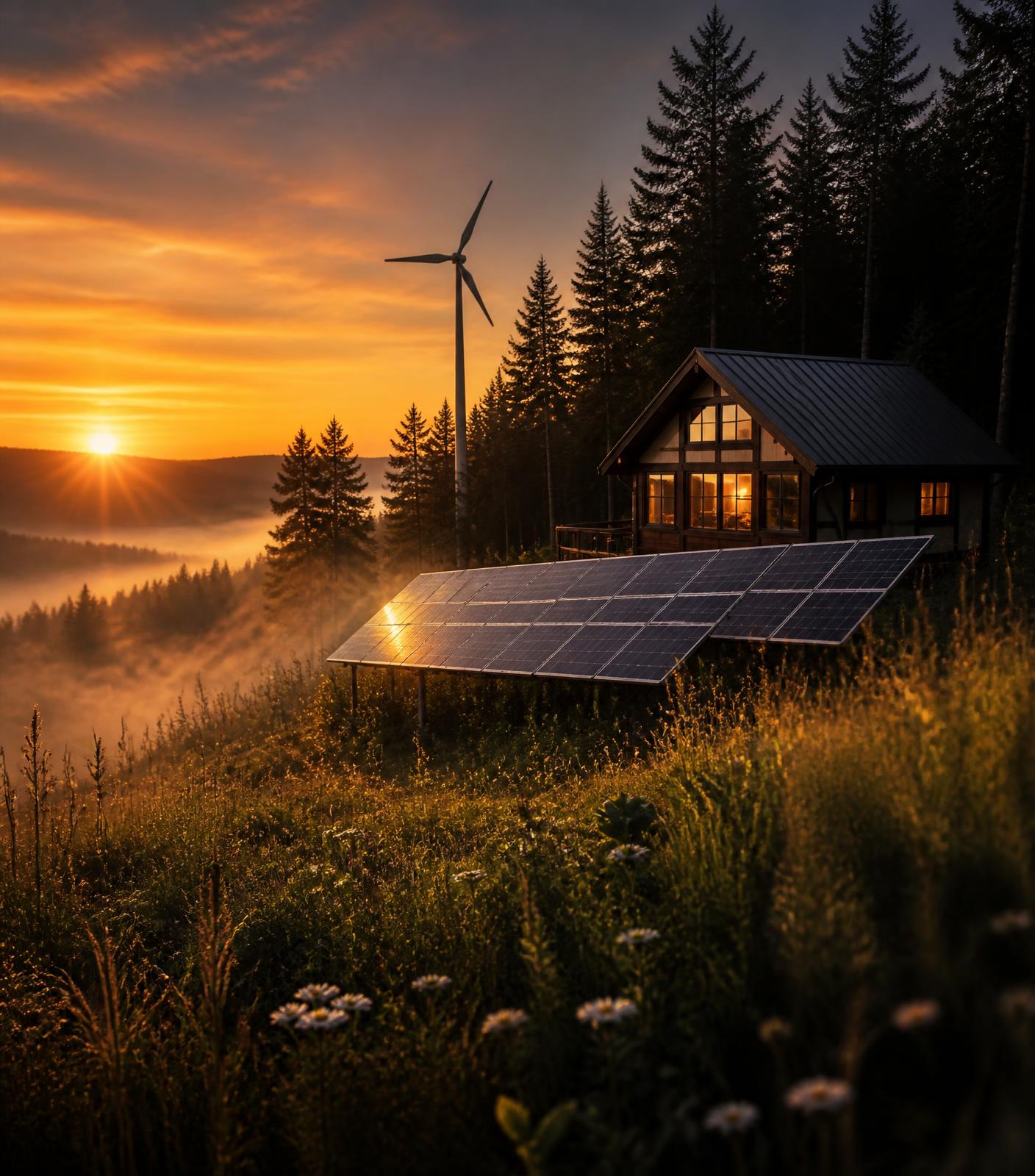 Solar panels and a wind turbine on a meadow beside a forest at golden hour