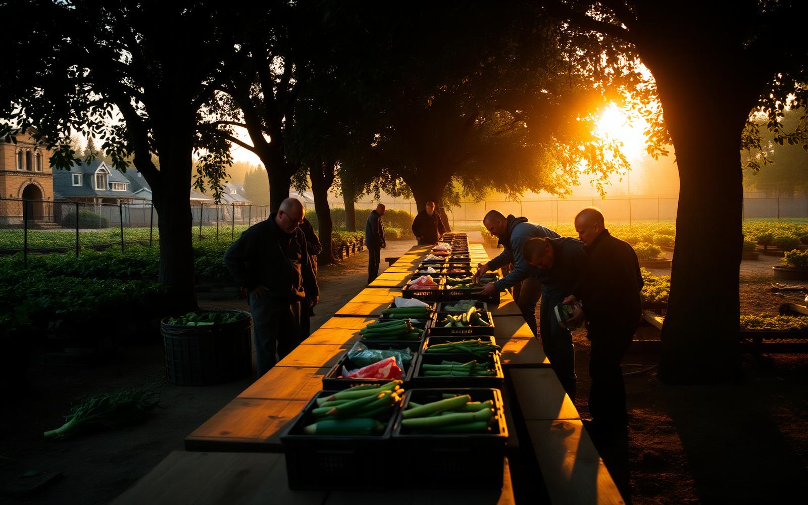 People harvesting vegetables into crates at a long communal table at dawn