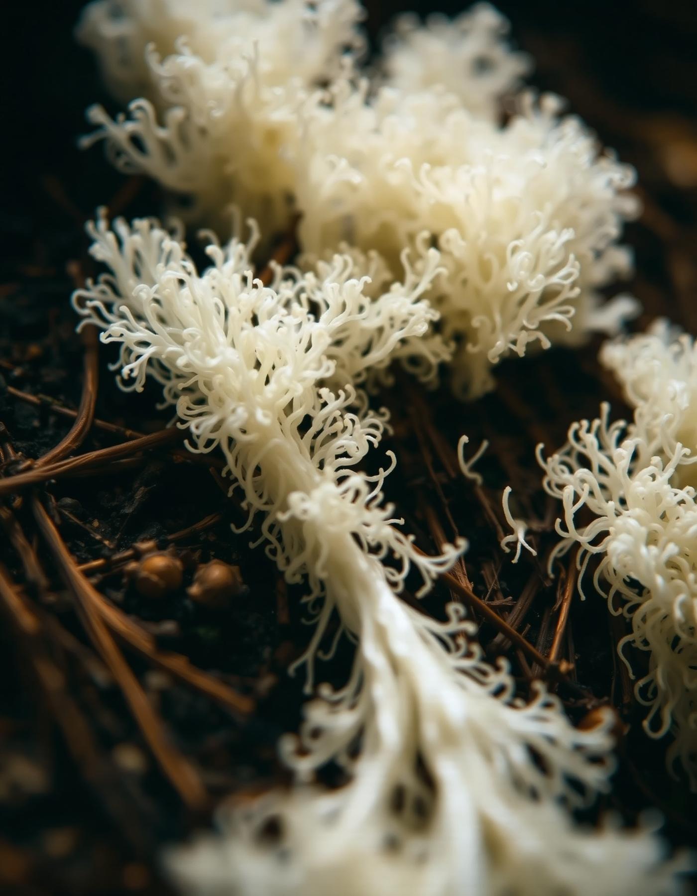 Macro view of white mycelium threads spreading through forest soil