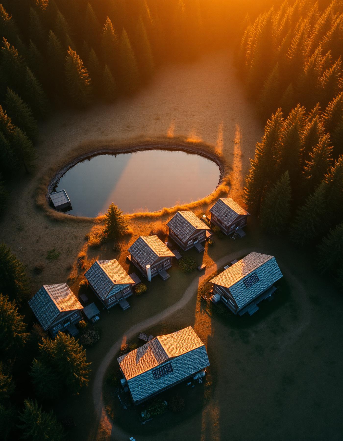 Aerial view of an off-grid village of cabins beside a lake at golden hour