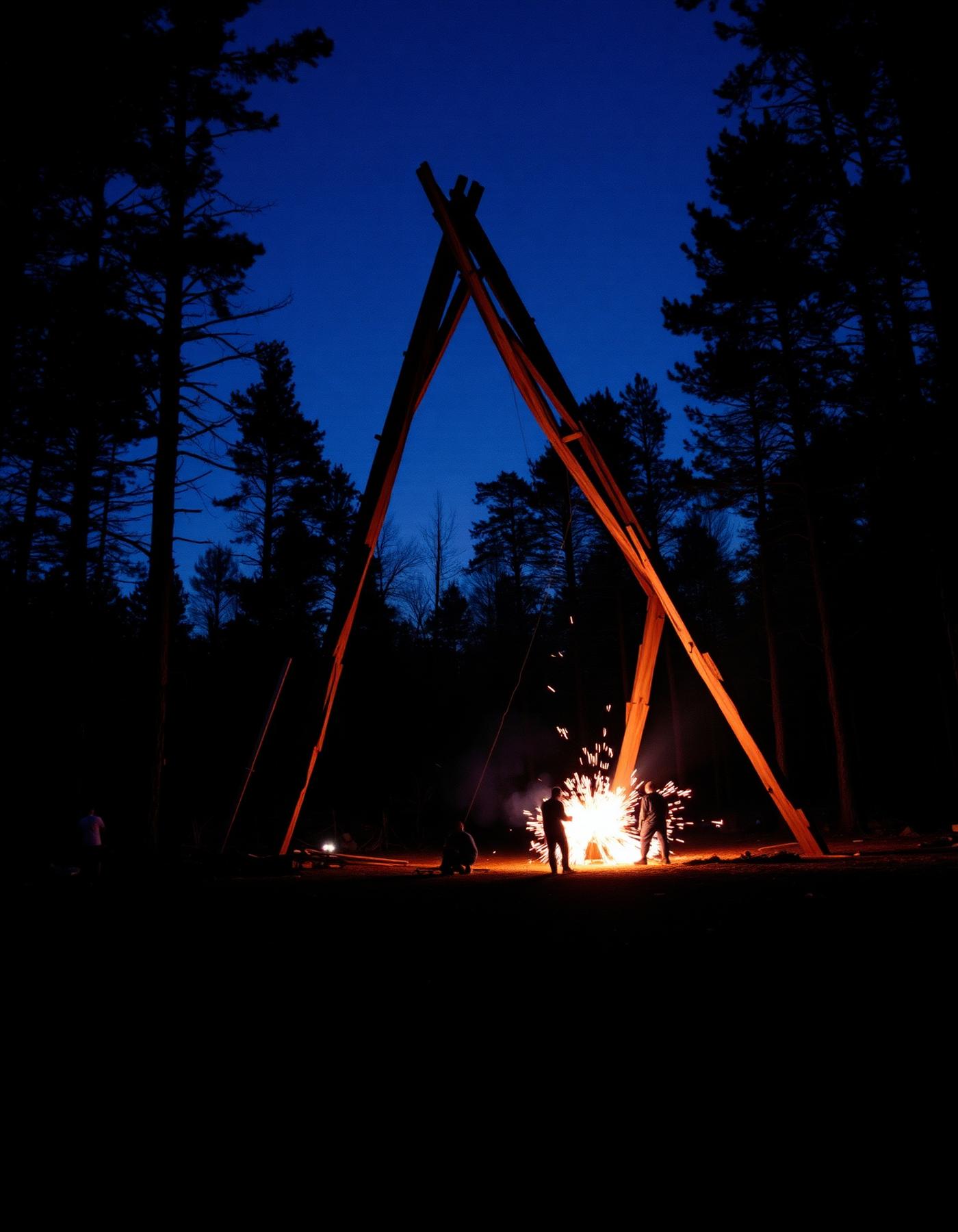 Artists building a large wooden installation in a forest at dusk