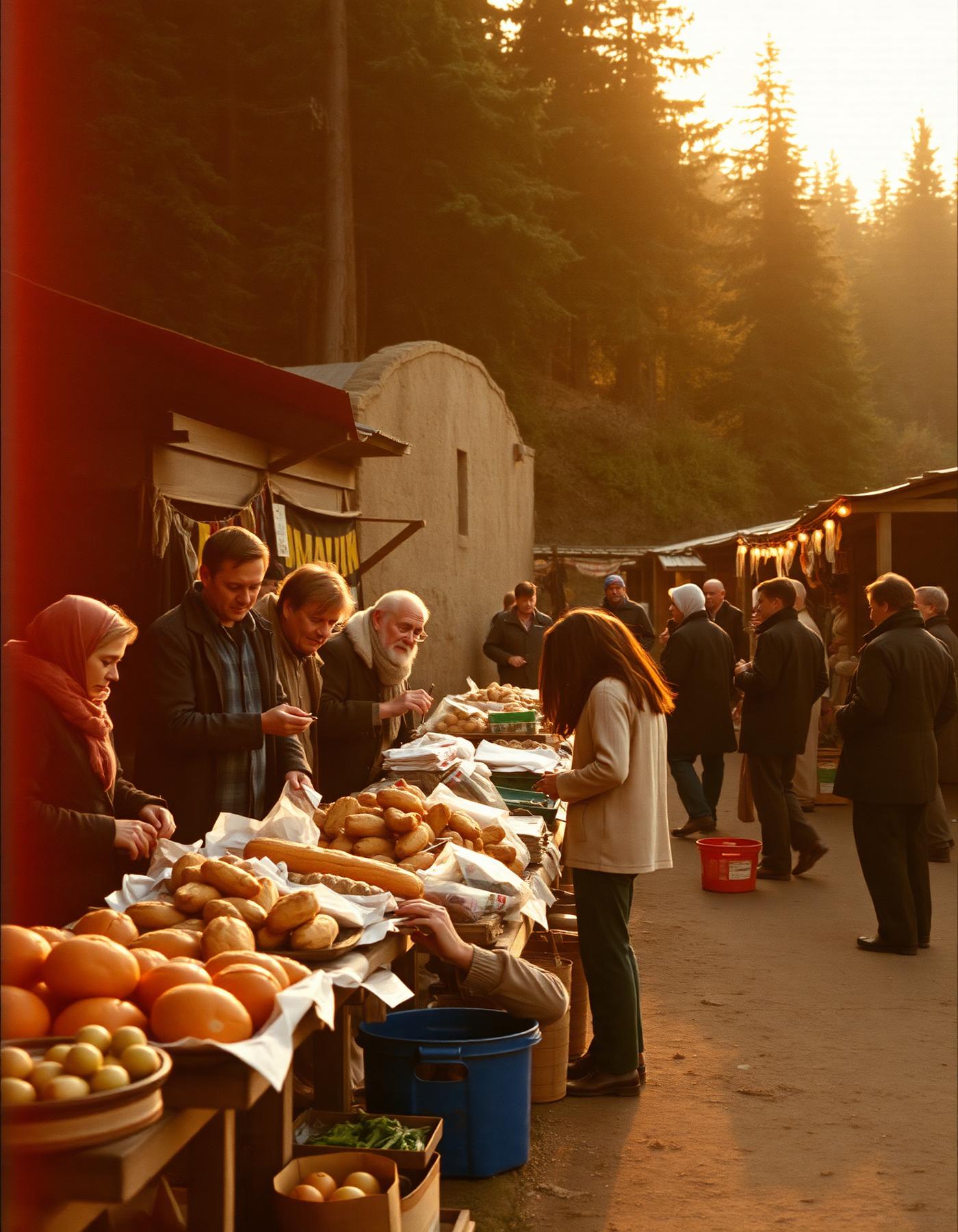A village market at golden hour with people trading