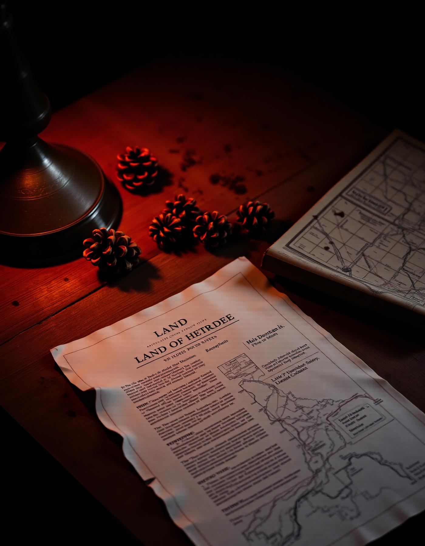 A land deed and survey map on a wooden table under lamp light
