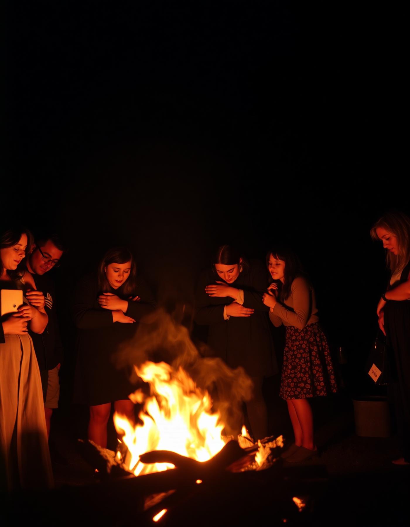 People gathered around a bonfire at night