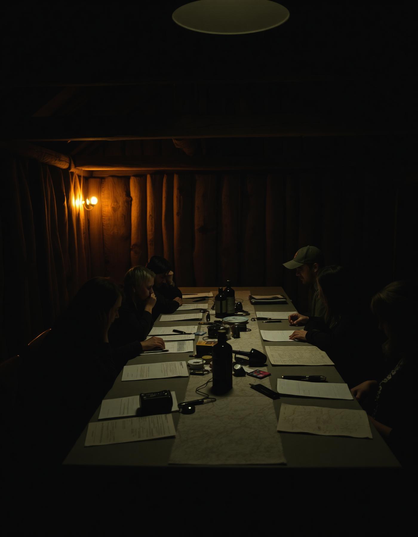 People around a long table at night with notes and maps