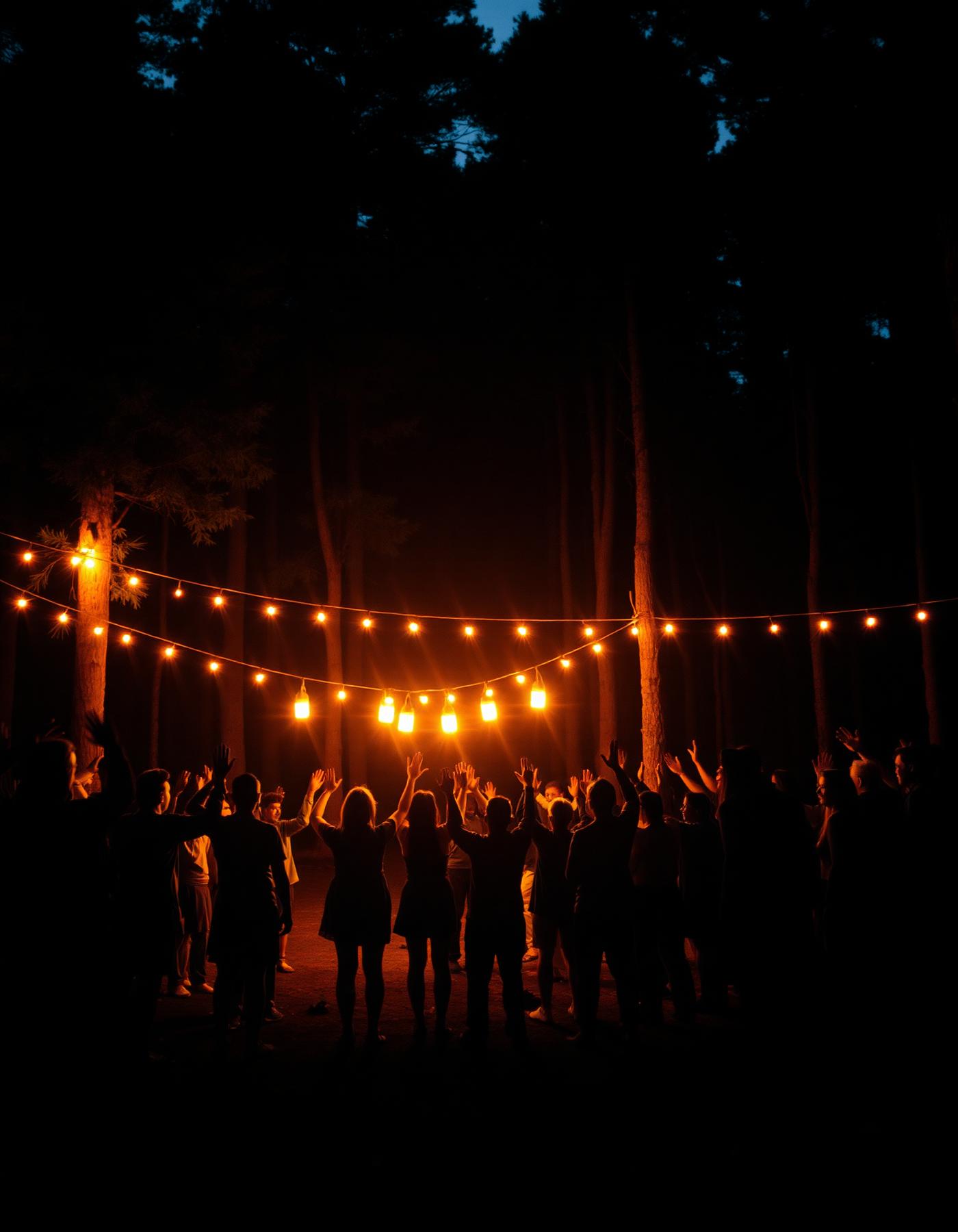 A community gathered in a forest clearing at dusk with raised hands