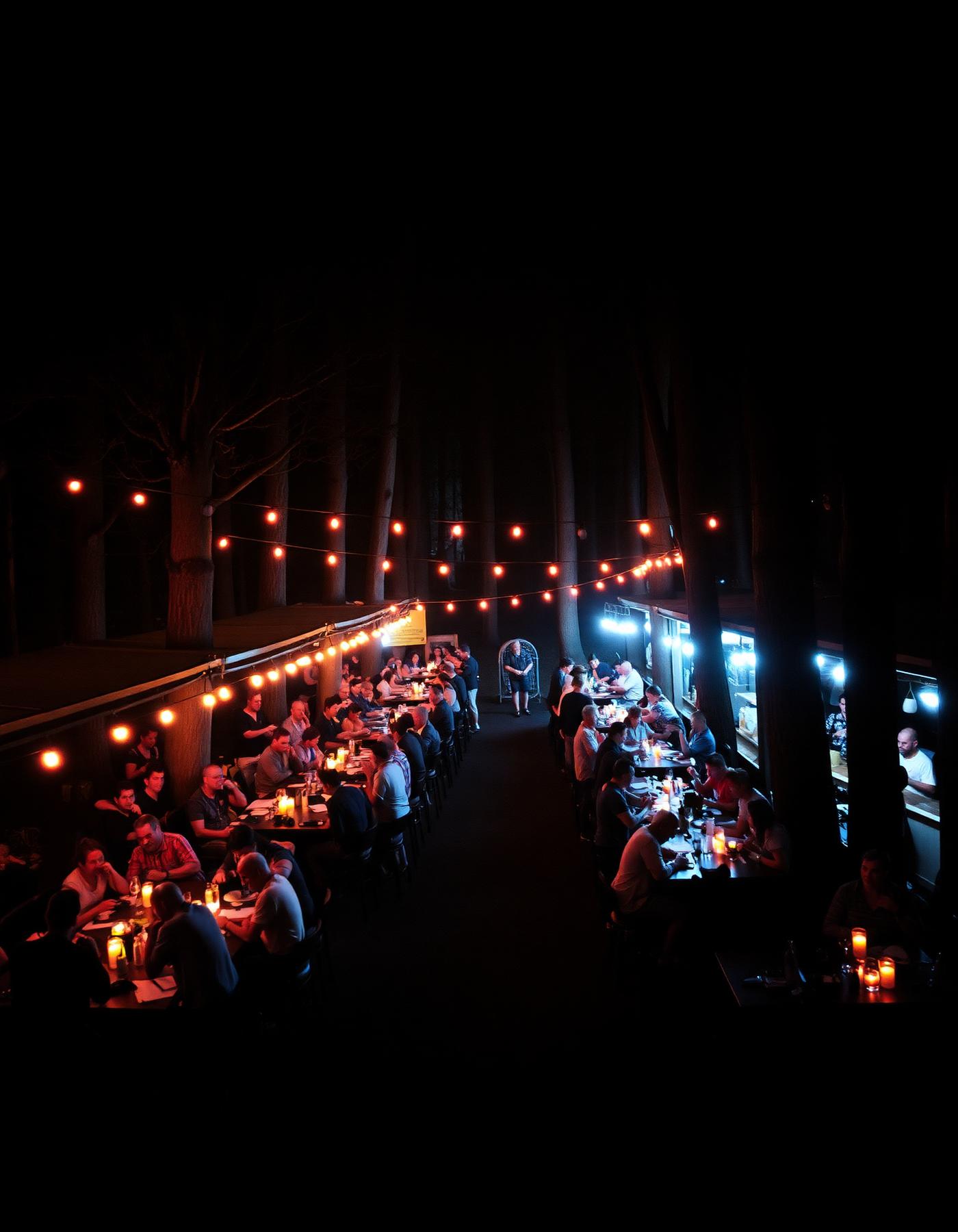 A busy outdoor forest restaurant at night under string lights