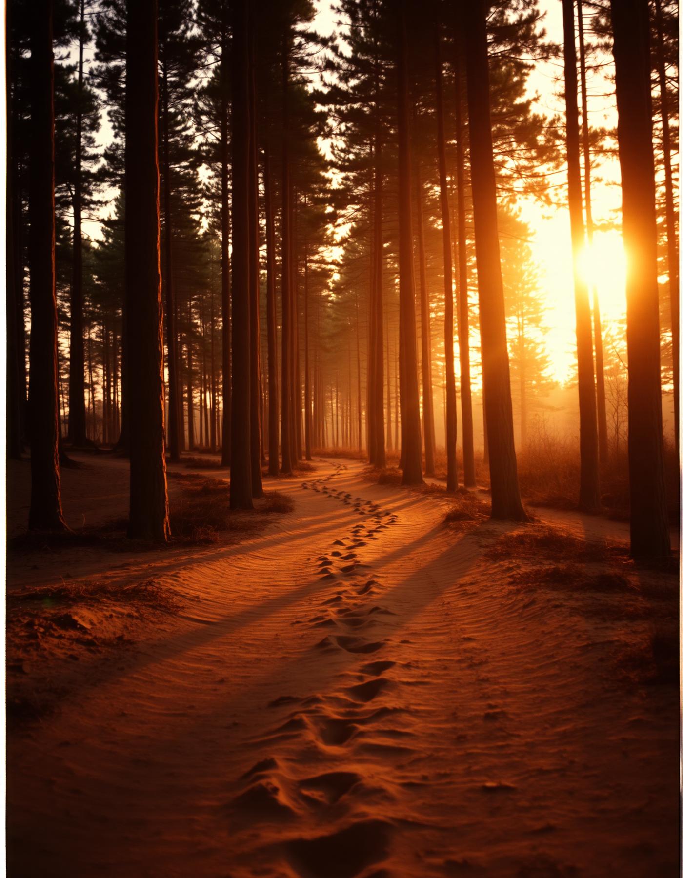 A winding forest path leading toward sunrise light