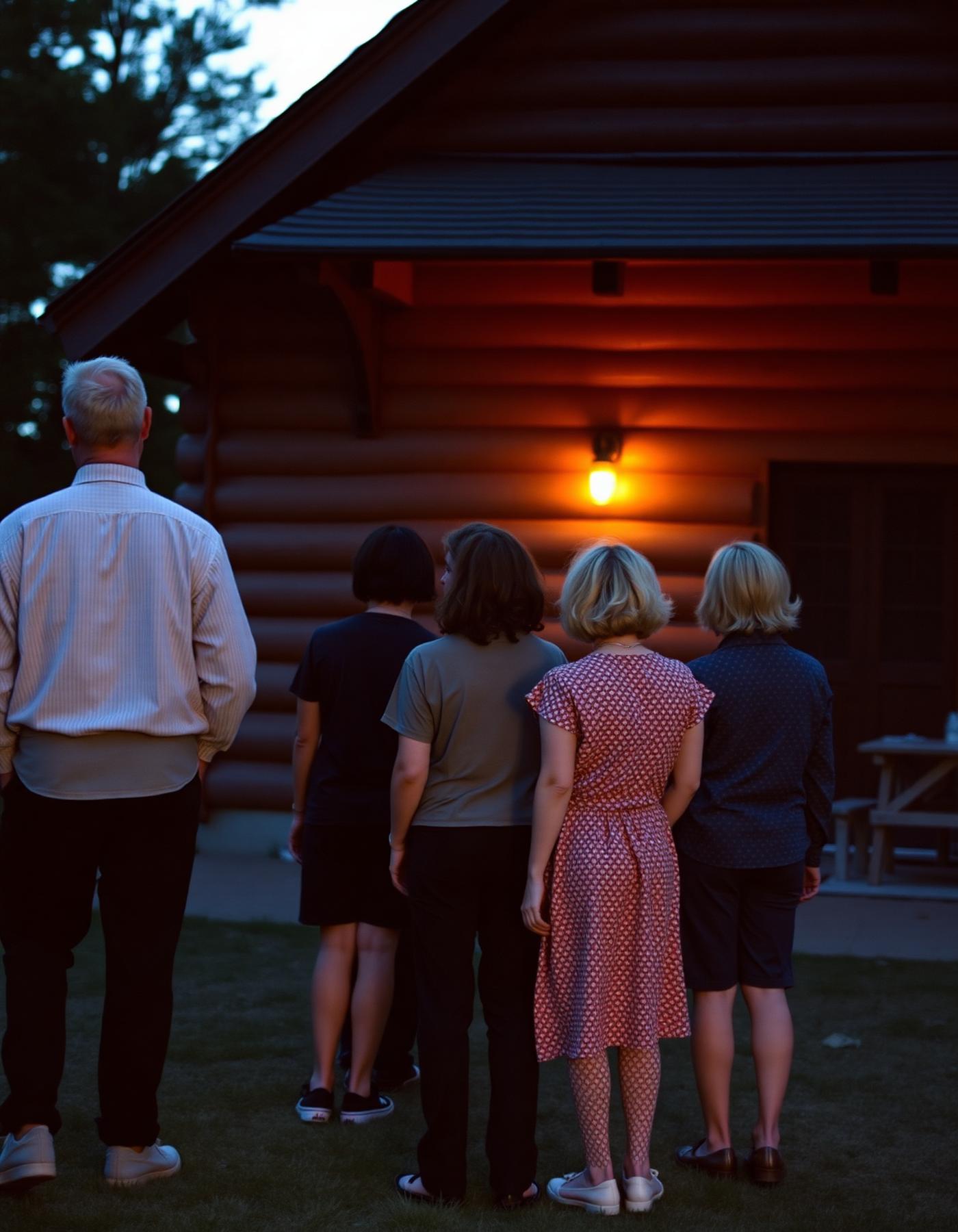 A group of people standing together outside a timber building at dusk