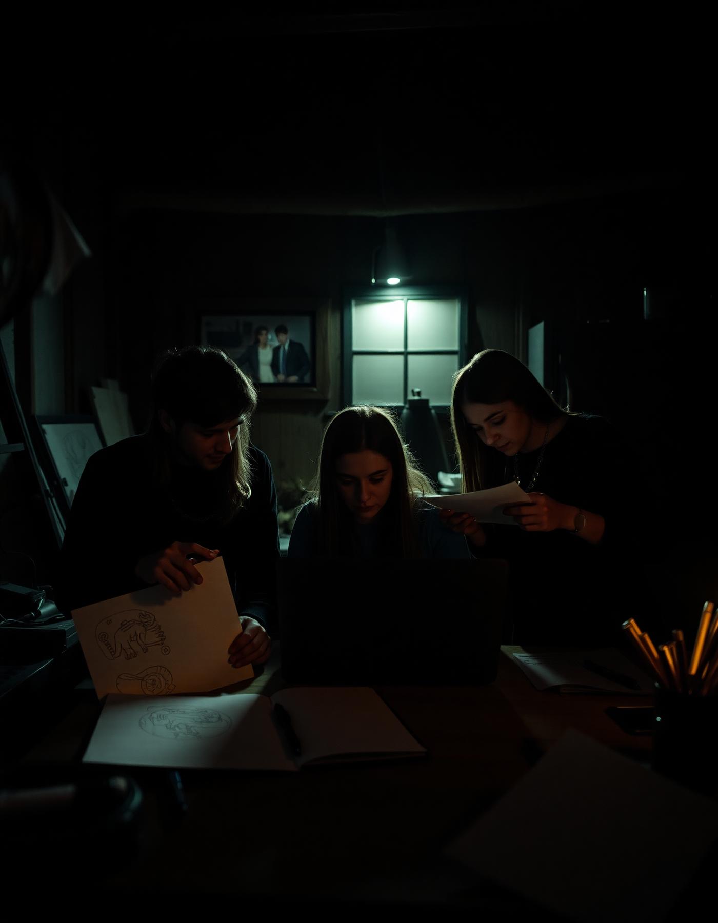 Three people working together in a rustic workshop at night