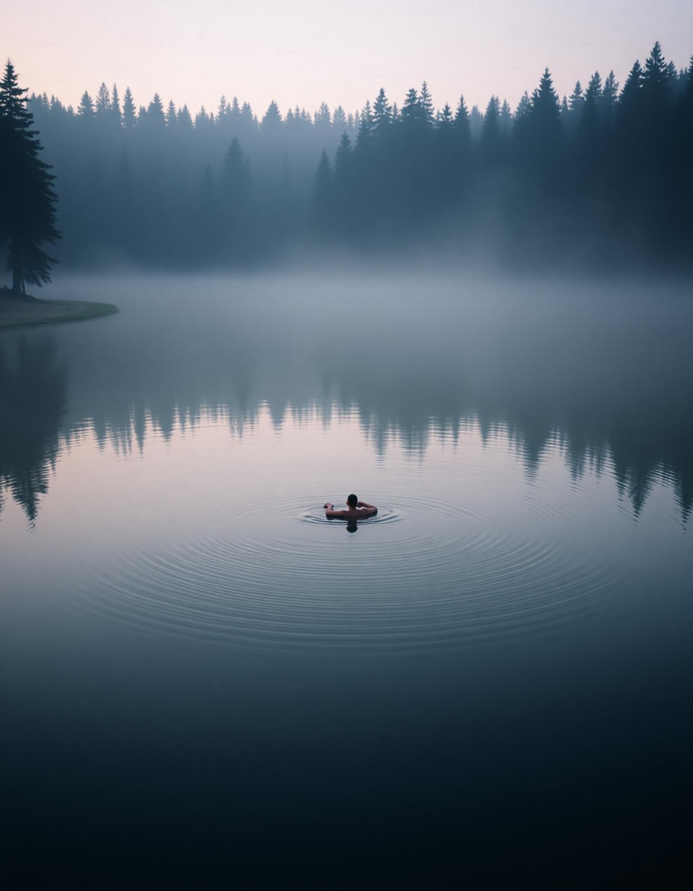 A person floating in a still forest lake at dawn