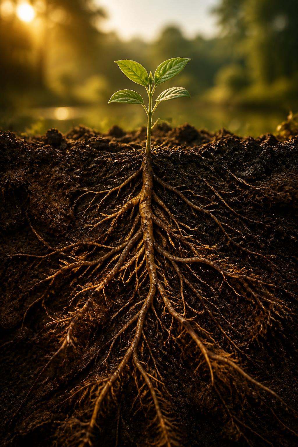 A seedling with deep golden roots in dark soil