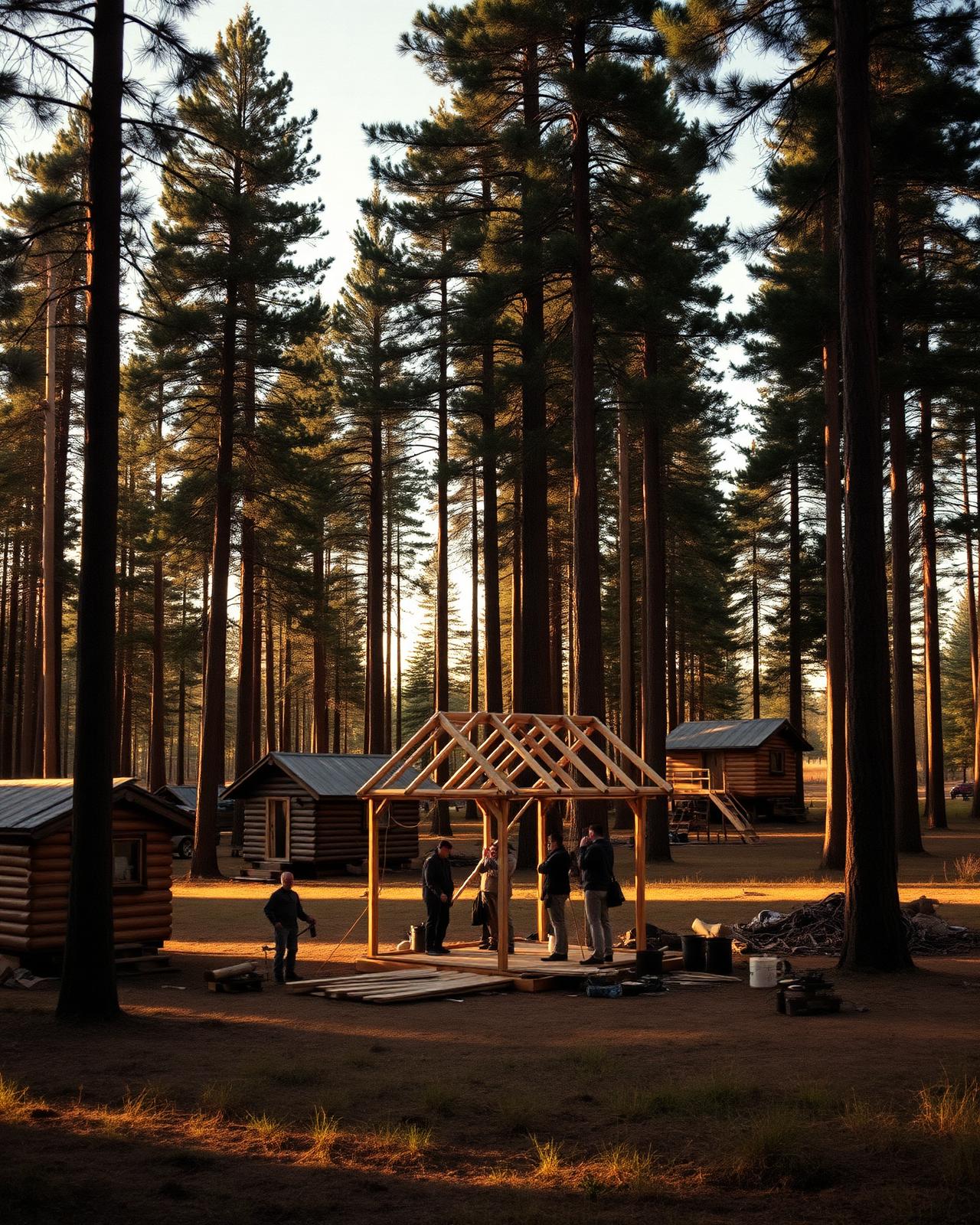 Timber cabins and a half-built frame in a pine clearing at golden hour
